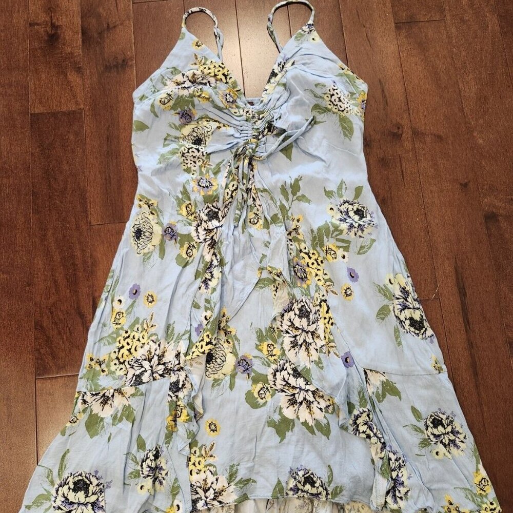 Women's Light Blue Floral Midi Dress with Tie Front